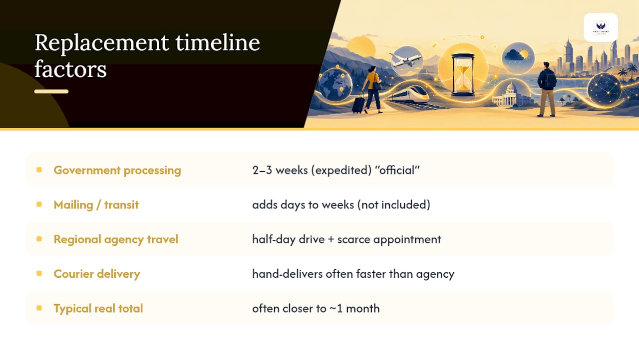 Timeline of lost passport replacement processing and mailing delays