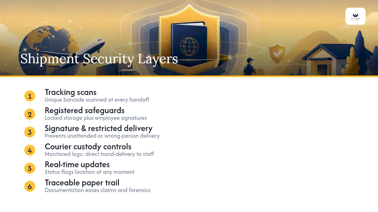 Security layers protecting passport shipments