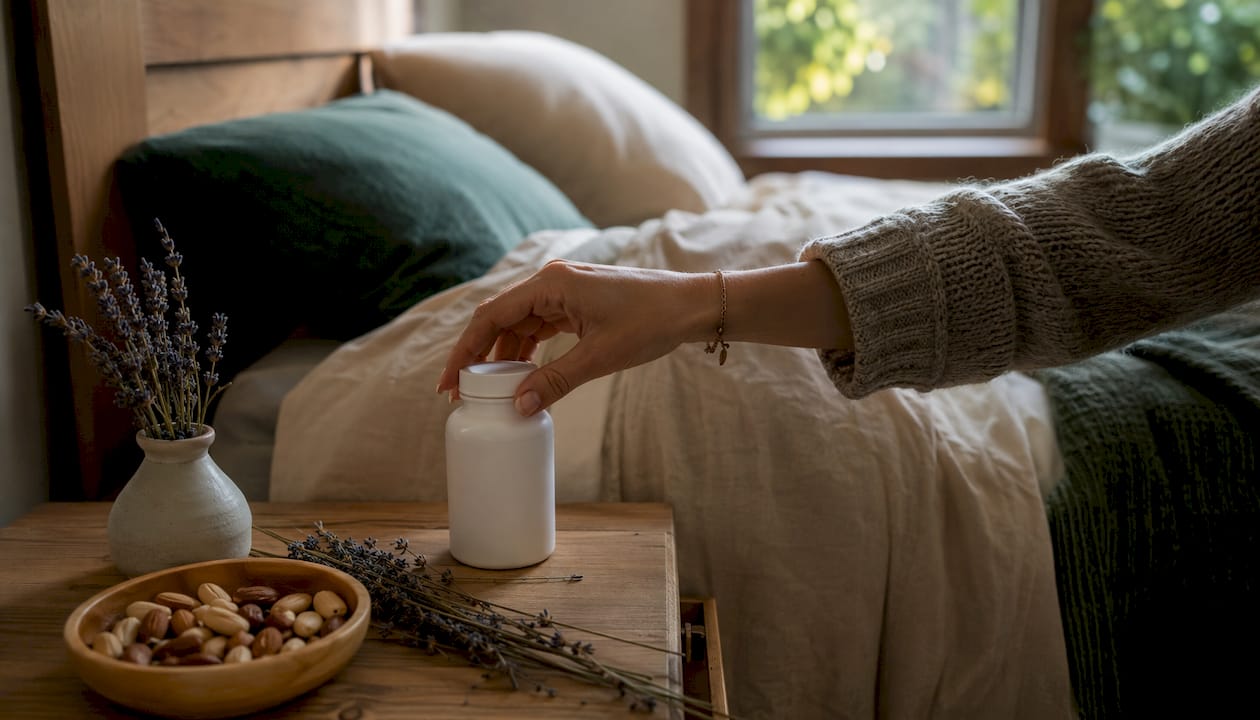 Overhead of magnesium capsules and chamomile on table