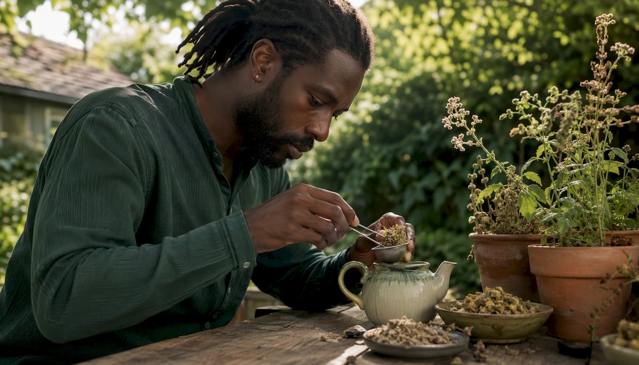 Man preparing herbal sleep aid tea in kitchen