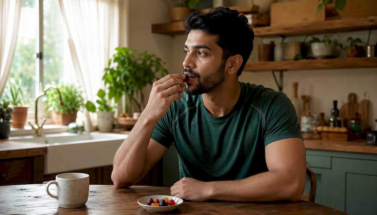 Man tasting low sugar creatine gummy at home
