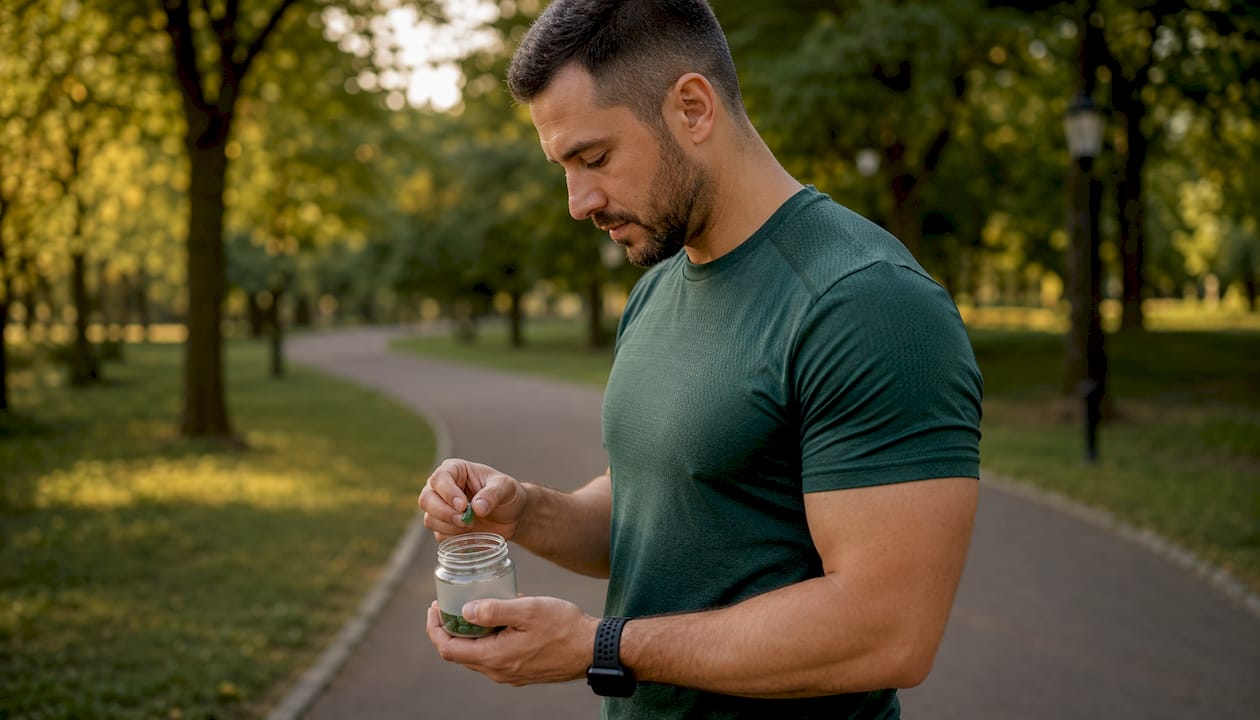 Hands placing certified creatine gummies in gym