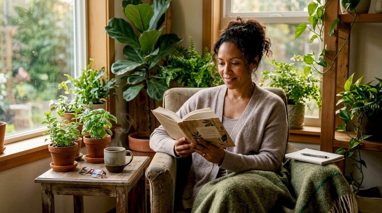 Woman reading brain health book in sunroom