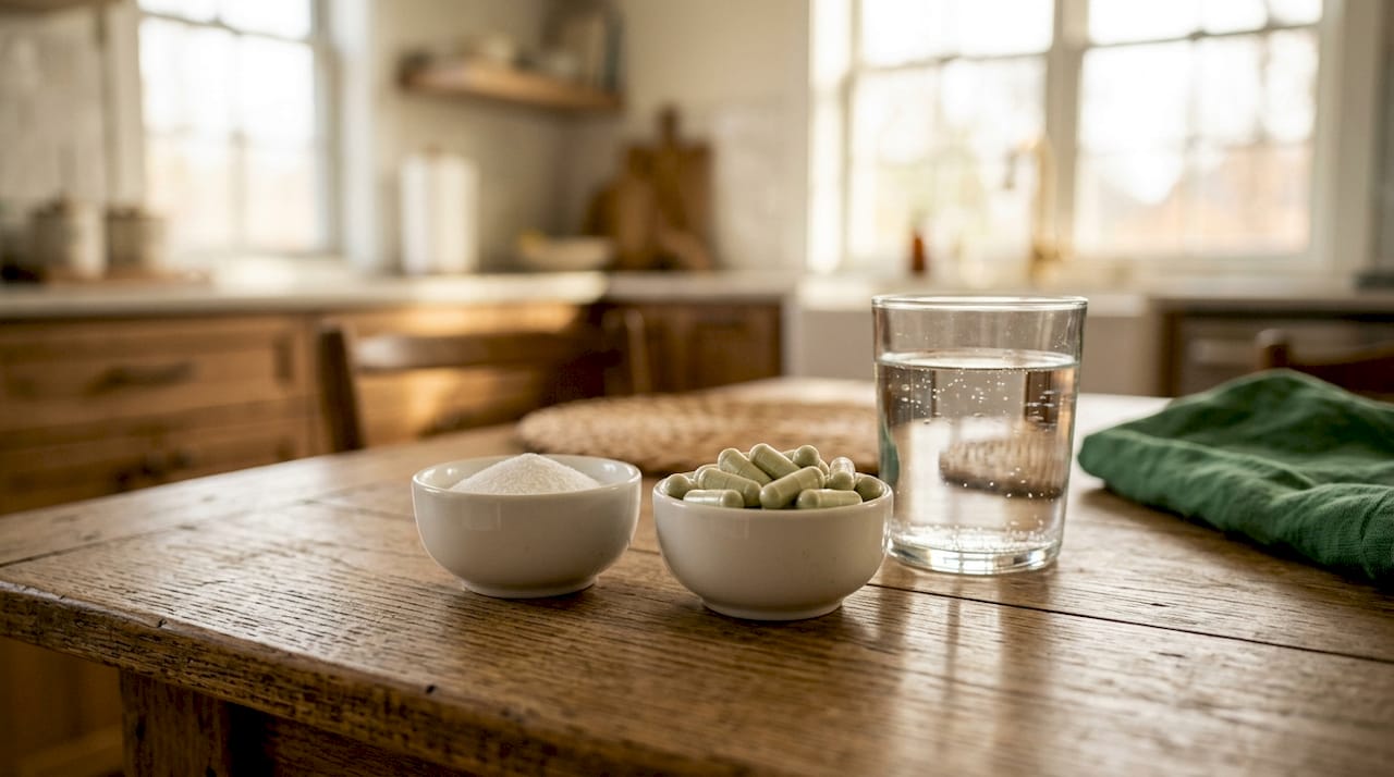 Close-up of magnesium citrate powder and glycinate capsules