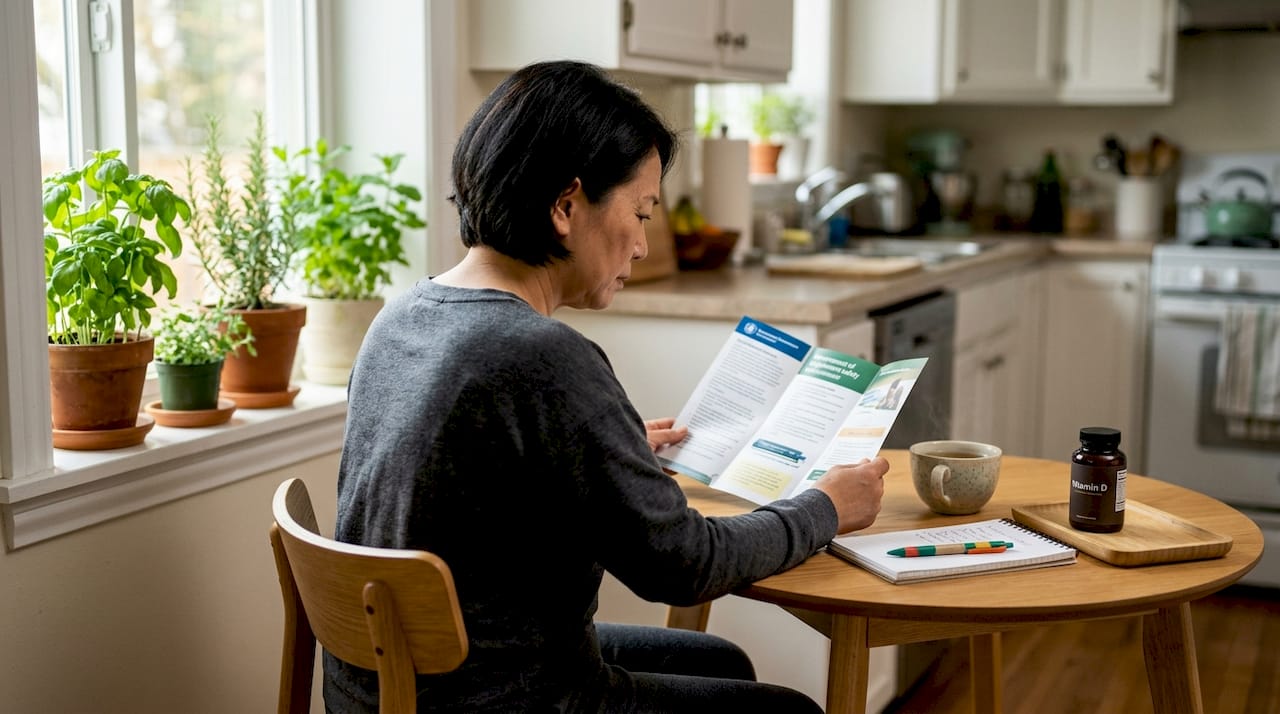 Woman reading NHS supplement safety leaflet