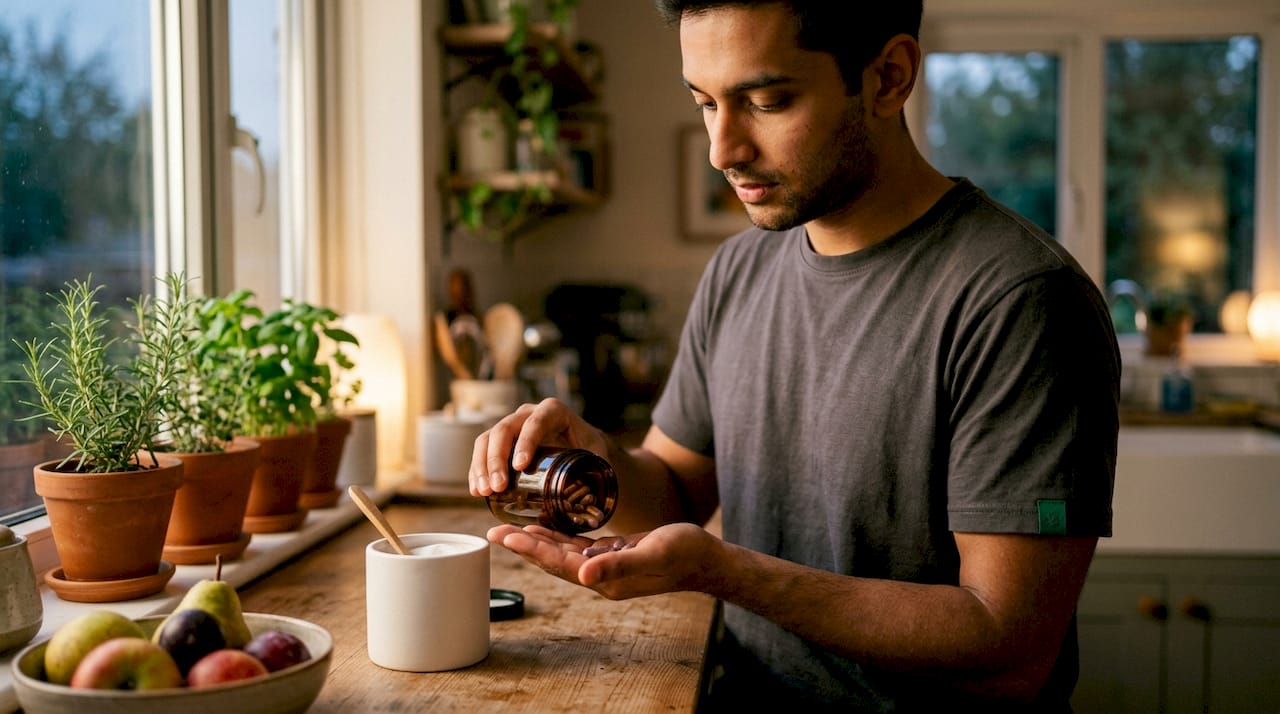 Hands opening elderberry supplement jar on desk