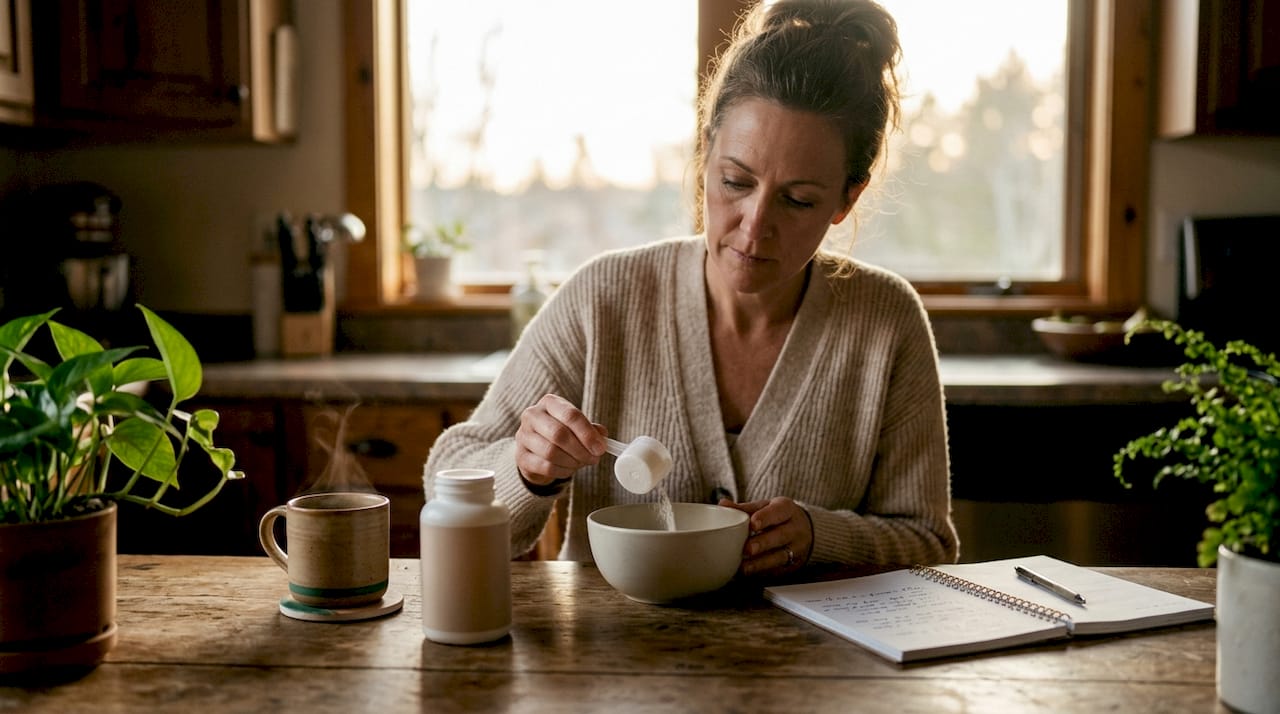 Woman measuring collagen powder supplement