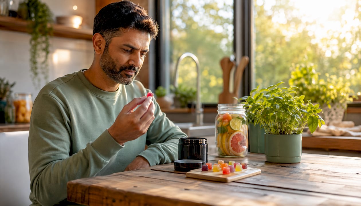 Hands holding pre-workout gummies and leaflet