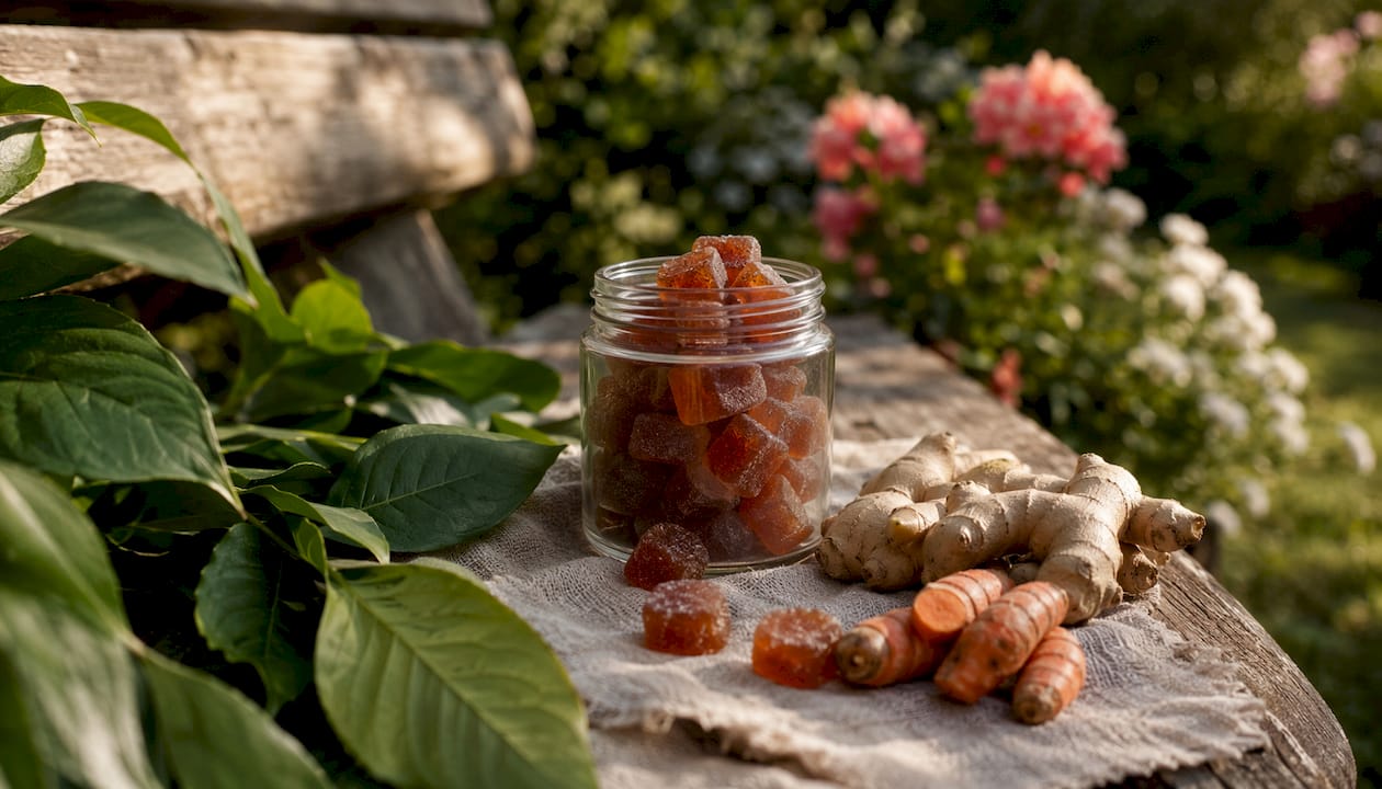 Natural ingredient workout gummies on wooden table