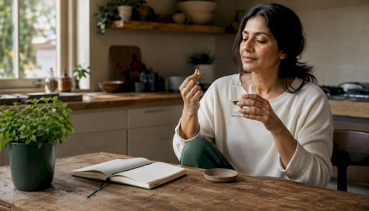 Woman about to take ashwagandha supplement at home