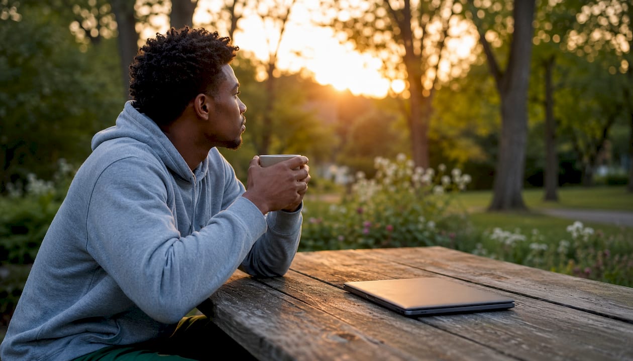Man enjoying calm moment with green tea in café