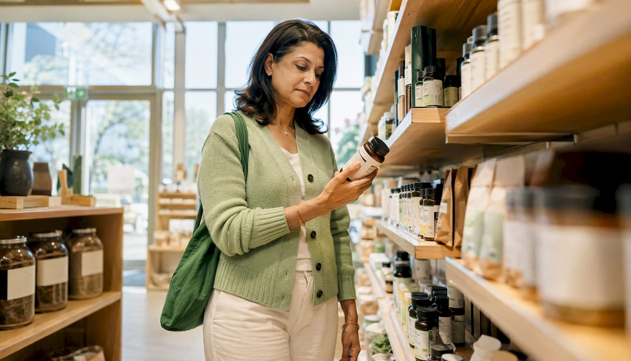 Woman choosing turmeric gummies in pharmacy aisle