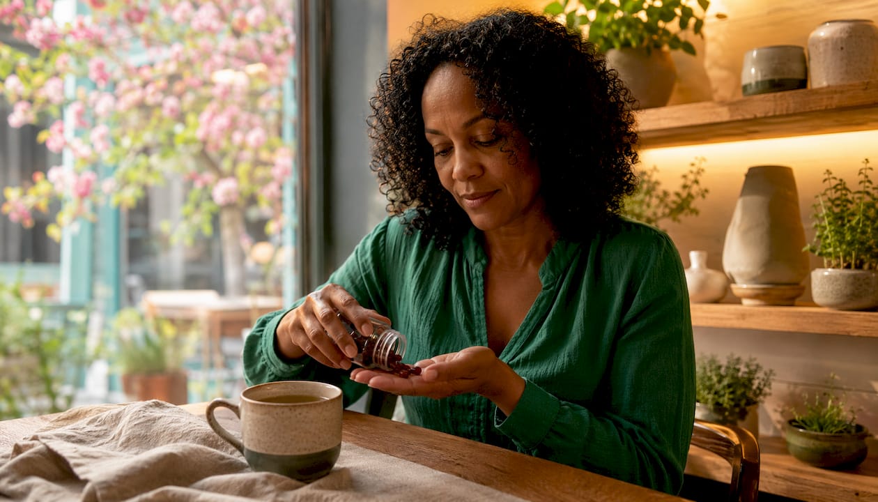 Woman counting creatine gummies dose