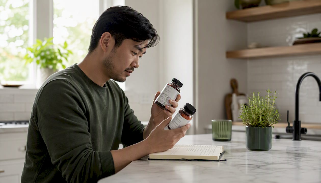 Man comparing vitamin gummy labels at desk