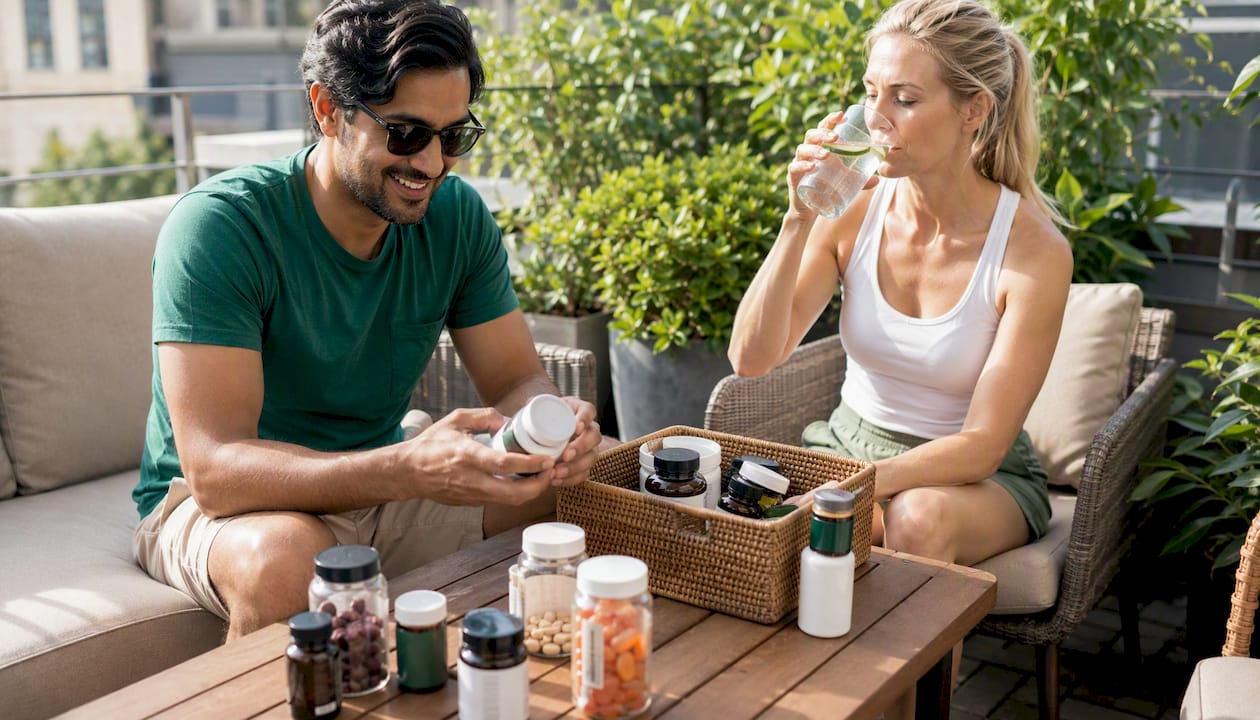 Hands sorting vitamin supplements on dining table
