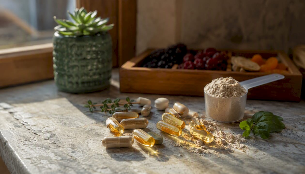 Close-up of assorted vitamin capsules on wood