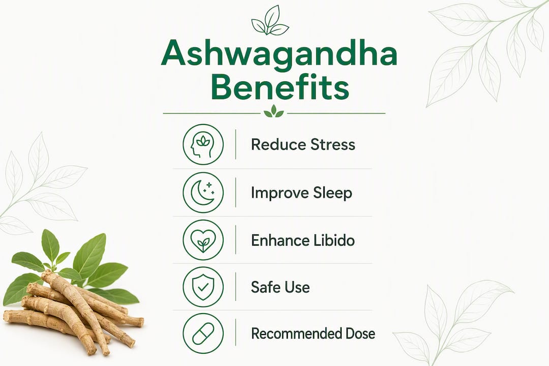 Infographic showing ashwagandha benefits and dosing steps