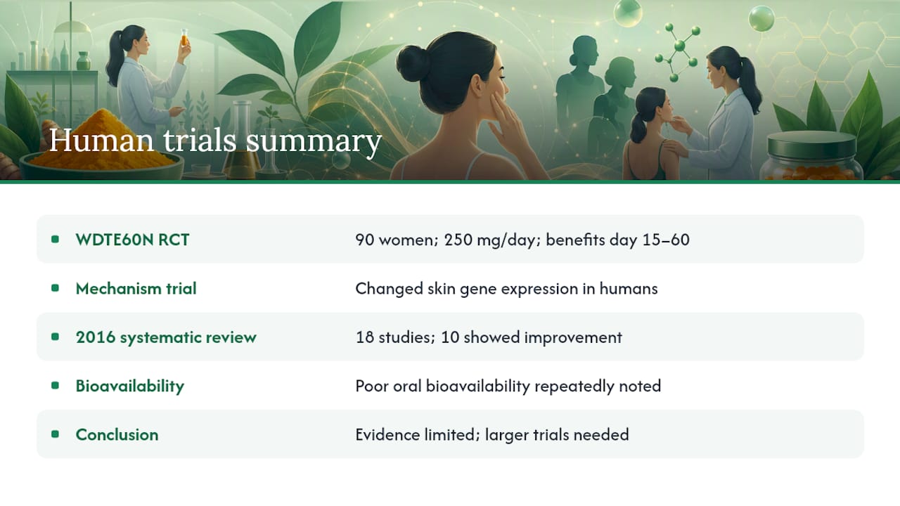 What do human trials actually show about oral curcumin and skin? — overview diagram