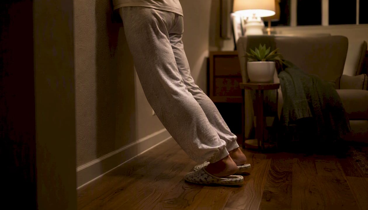Person doing calf stretch by wall