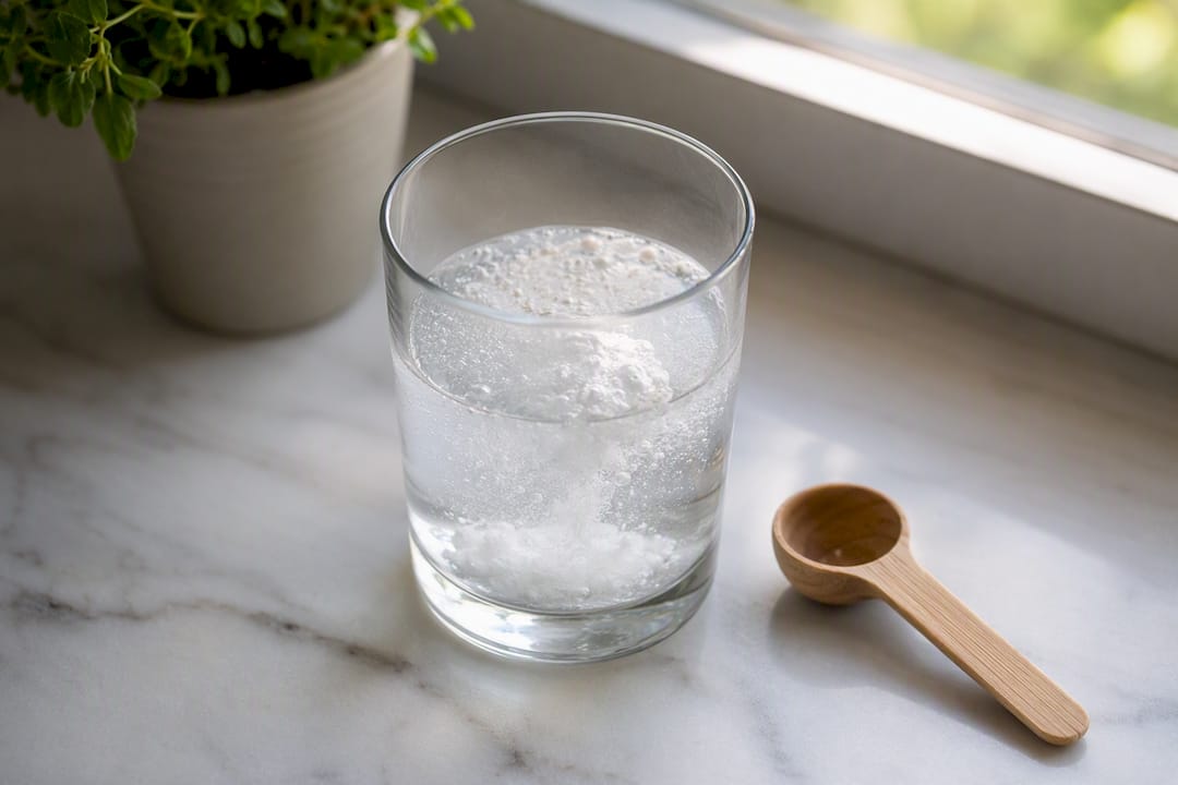 Creatine powder dissolving in glass of water
