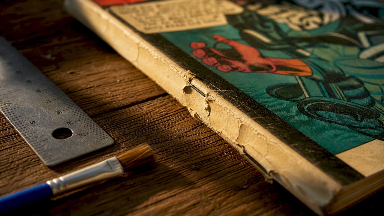 Close-up of comic spine staple tear damage