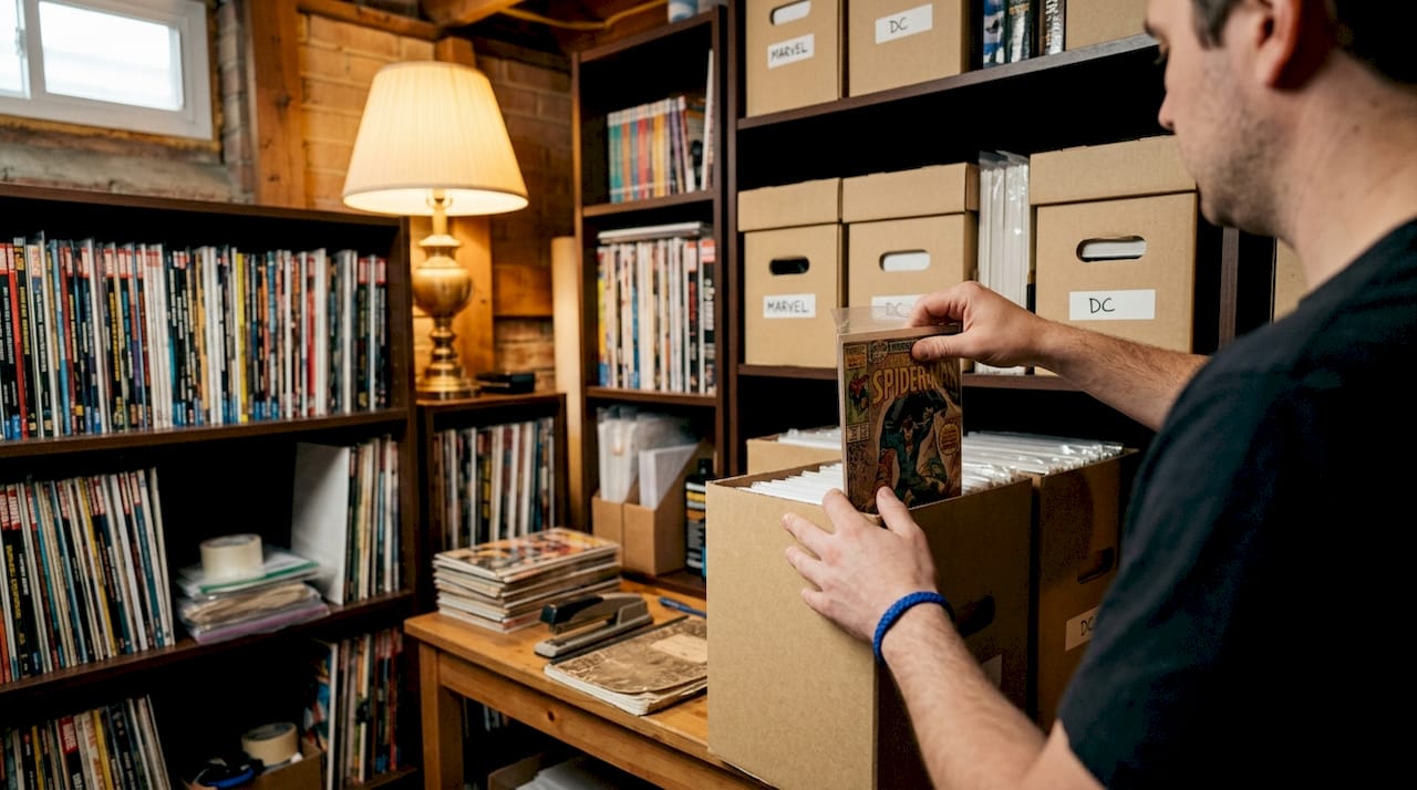 Hand placing comic book vertically in archival box