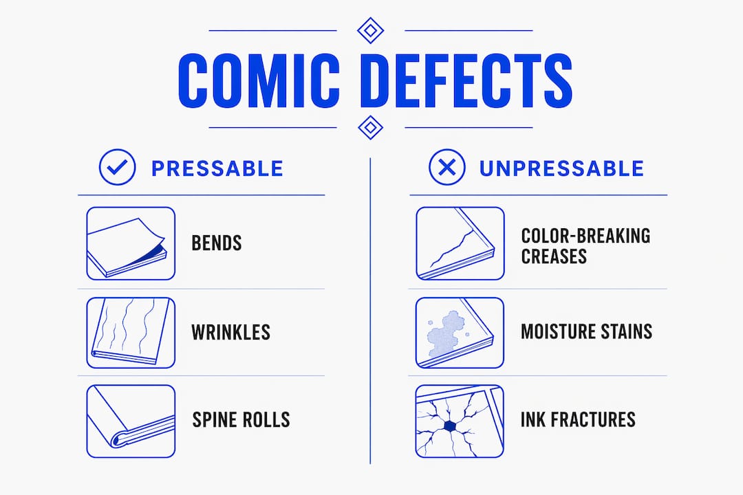 Infographic comparing pressable and unpressable comic defects