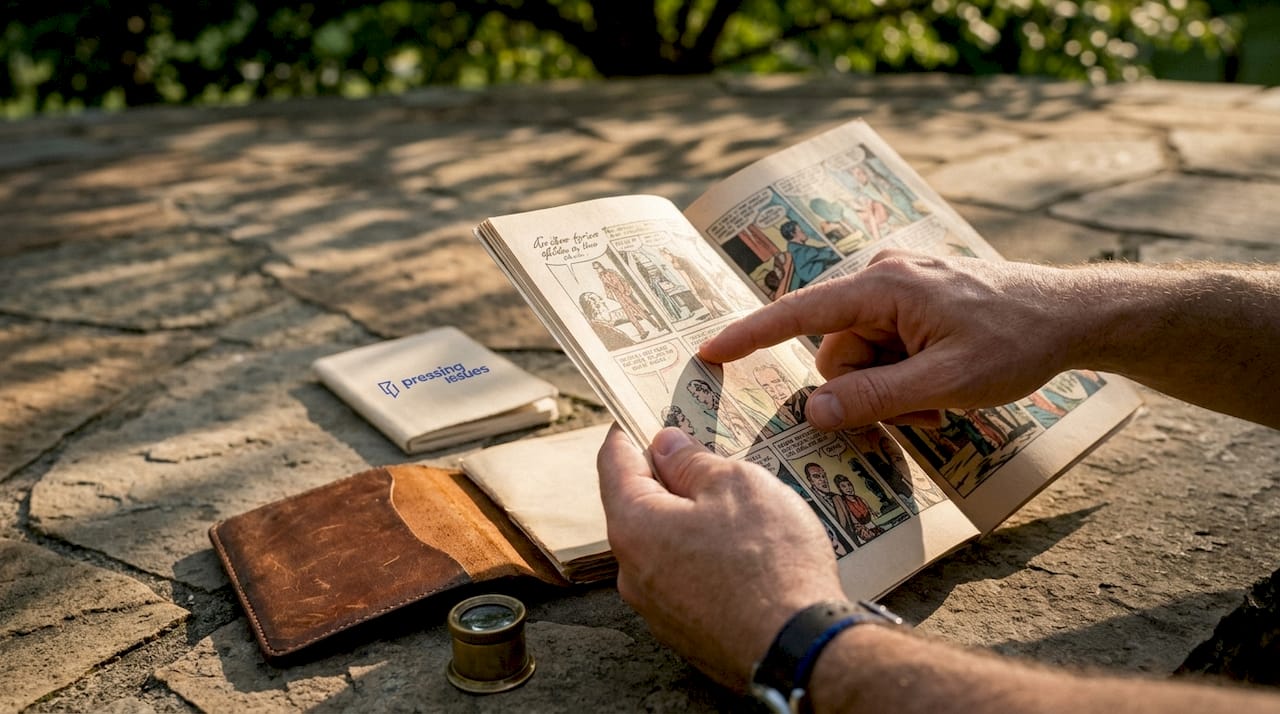 Close-up of hands showing comic printing error