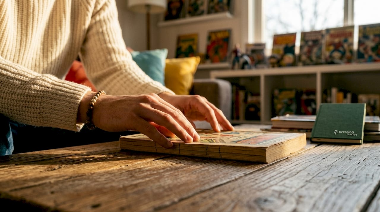 Hands feeling spine ticks on comic book