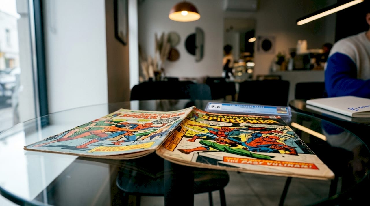 Close-up of stapled double cover comic book