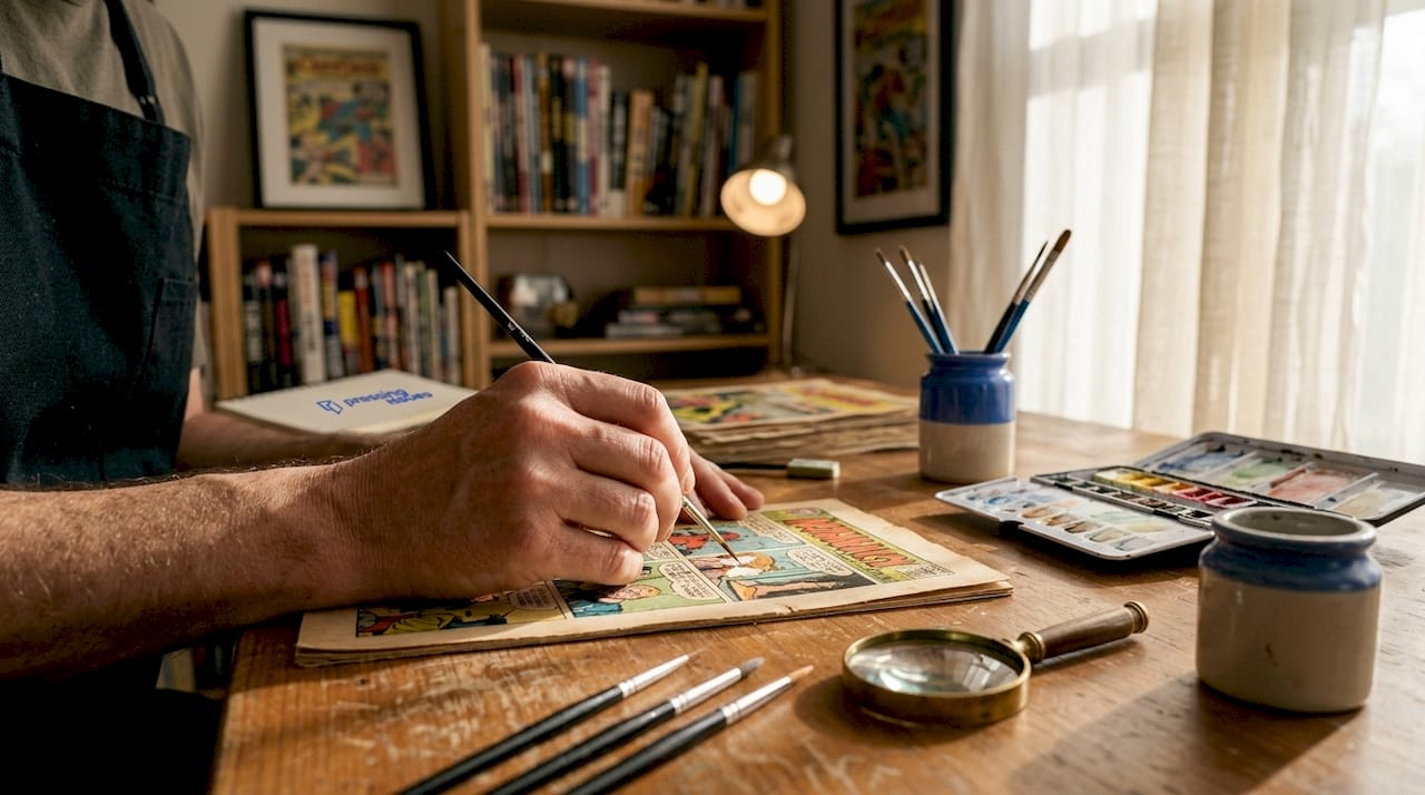 Restorer applying acrylic paint to comic book