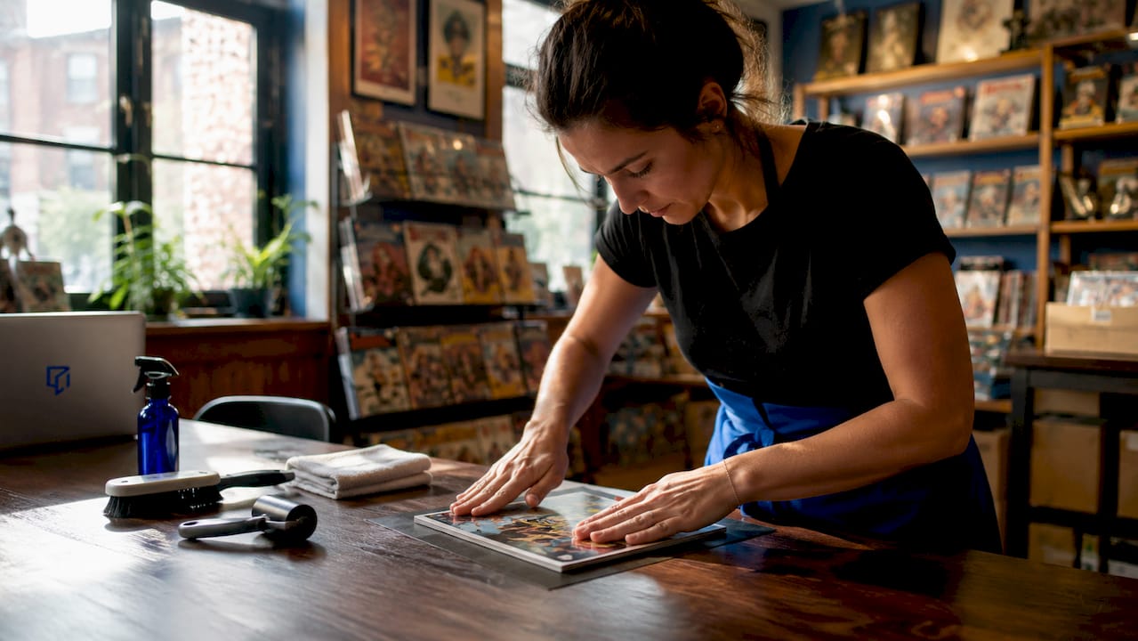 Hands pressing modern comic in bright workspace