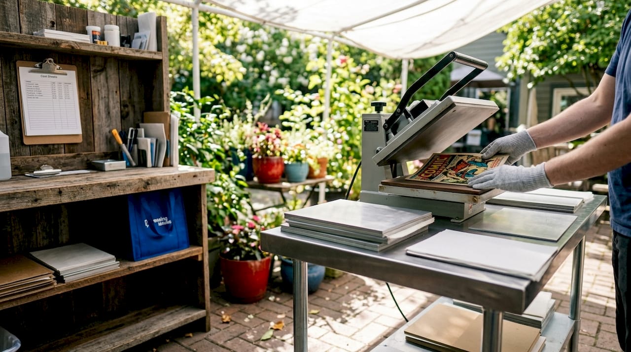 Hands operating comic pressing machine in workshop