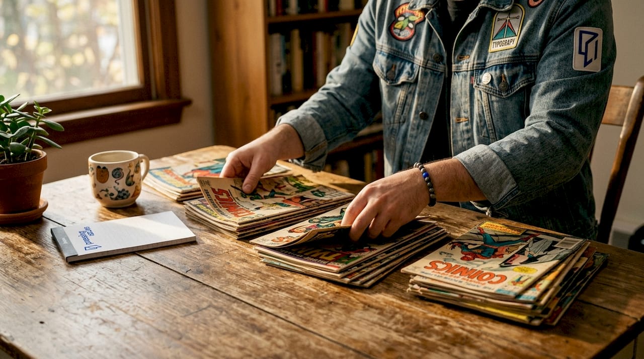 Hands sorting comics on industrial desk