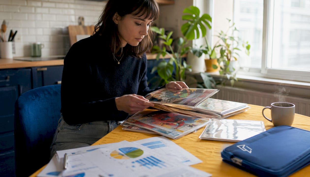 Hands sorting comic books with market reports
