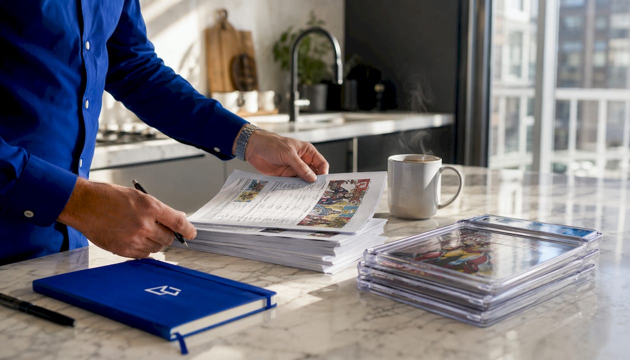 Hands sorting comic book sales data on table