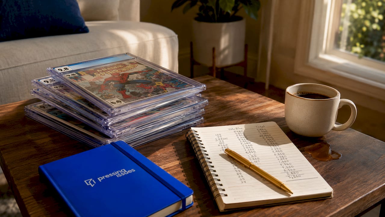 Overhead view of graded comics and valuation notes on desk