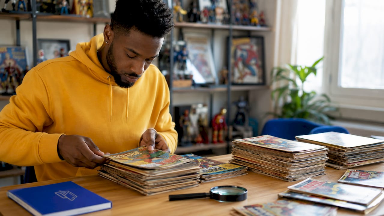 Hands sorting vintage comics with magnifier and certificates