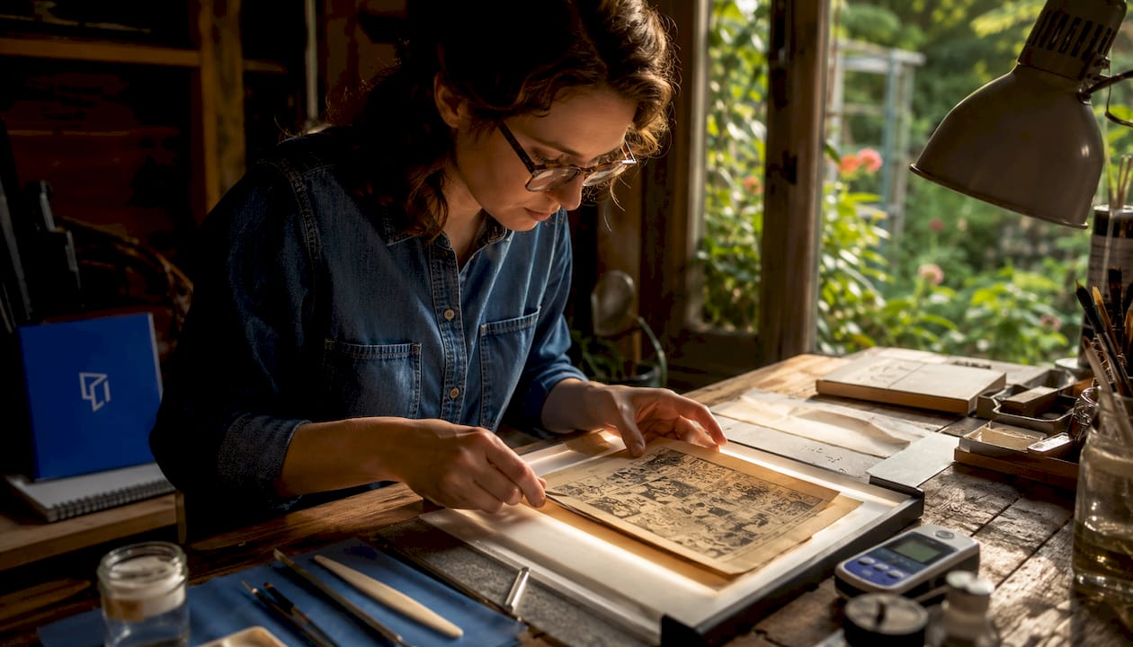 Conservator inspecting brittle comic book page