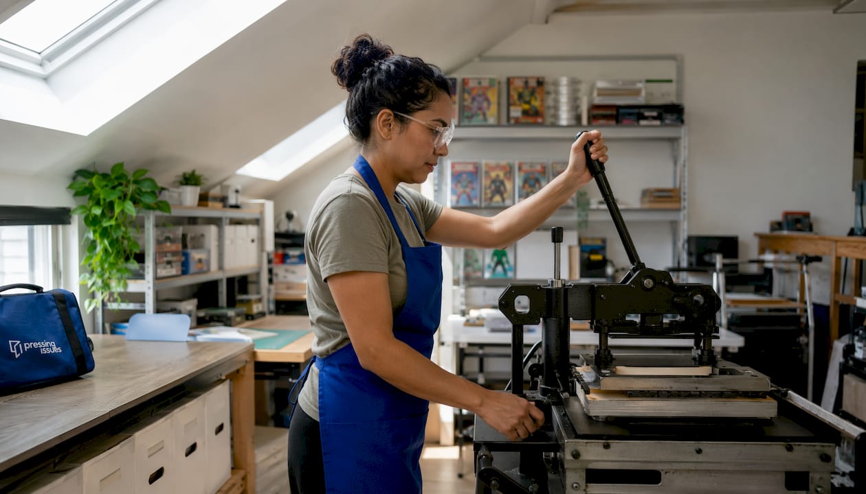 Technician operating comic press machine in workshop