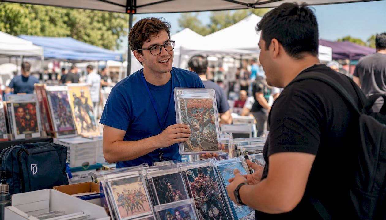 Customer holding first appearance comic key at shop