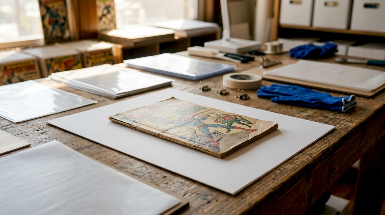 Vintage comics staged for test pressing
