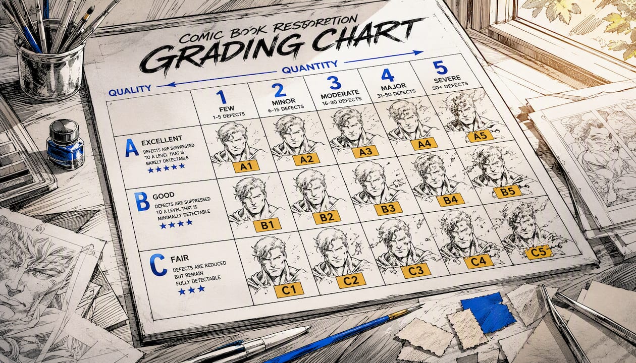 Comic restoration grading scale chart with tools