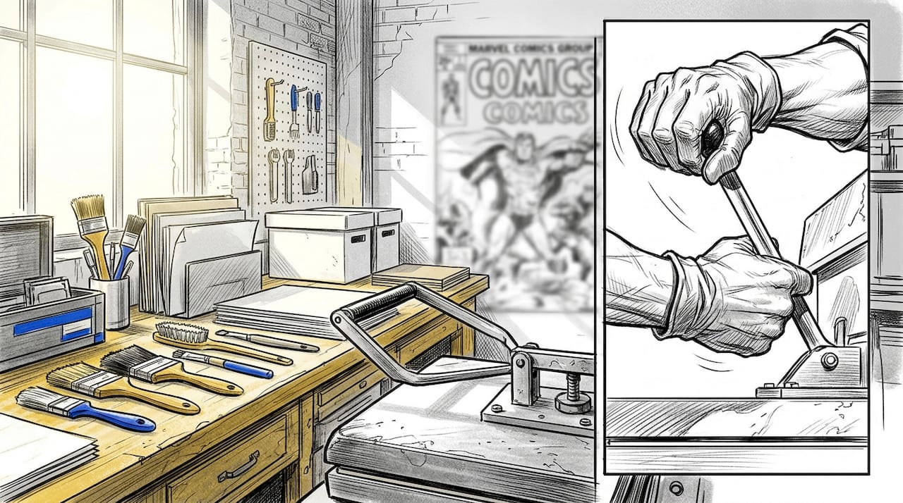Comic book pressing and cleaning tools in workshop