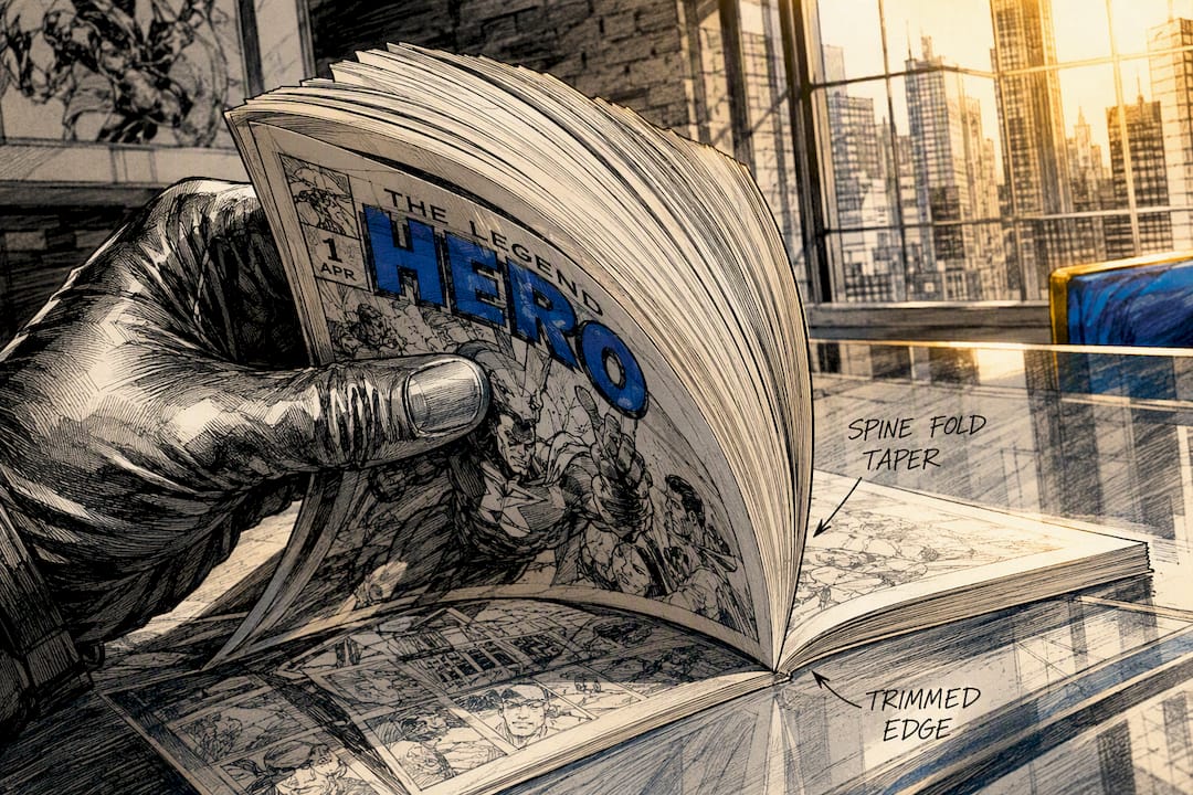 Fan of comic book pages showing spine fold taper