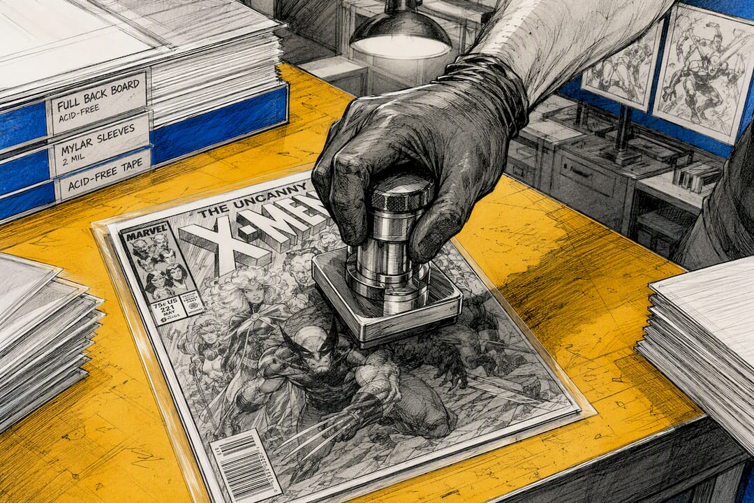 Gloved hand pressing comic book on workshop table