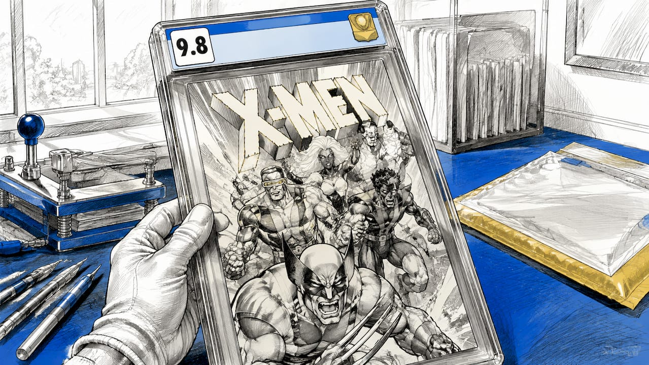 Gloved hand holding slabbed comic book