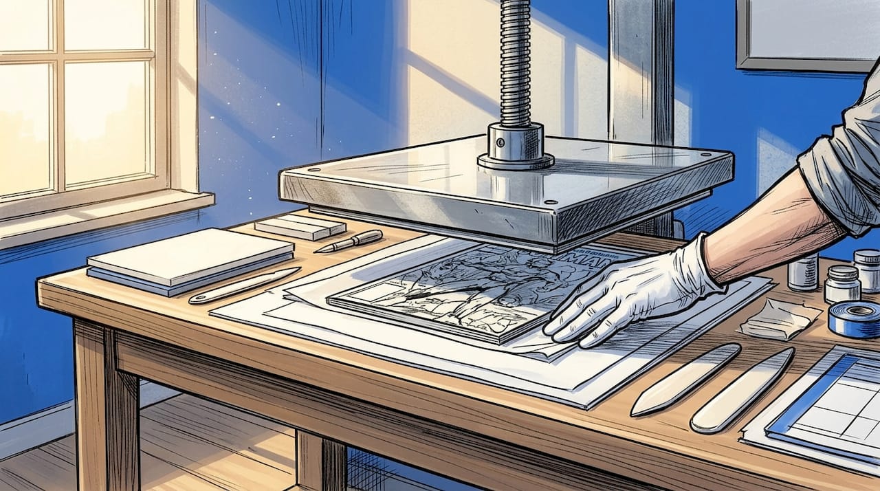 Comic under press with gloved hand adjusting sheets