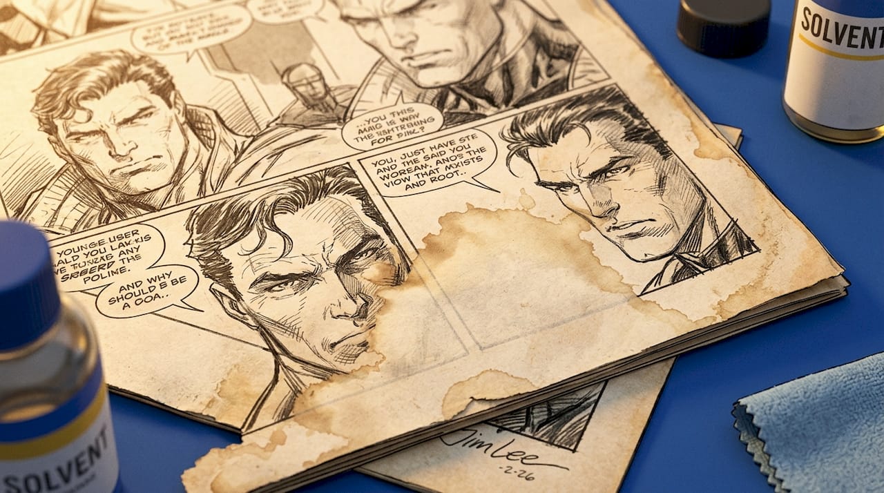 Discolored stained comic book cover close-up