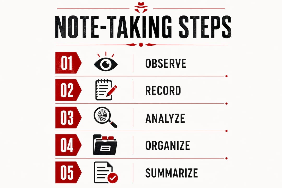 Infographic illustrating note-taking steps in investigation